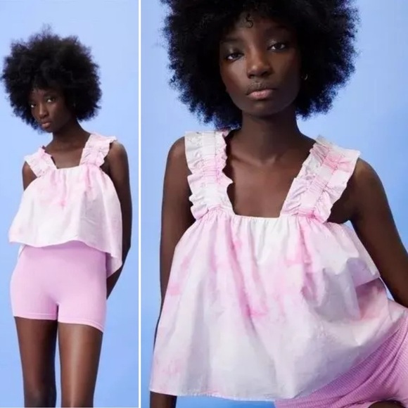 ZARA Pink Tye Dye Flowy Crop Top Large cropped blouse sleeveless ruffle boho - Picture 1 of 9